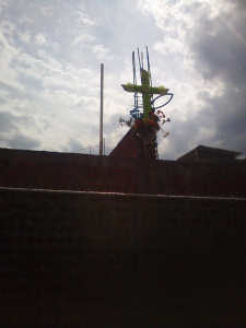 A cross is placed atop any structure currently under construction on May 3.